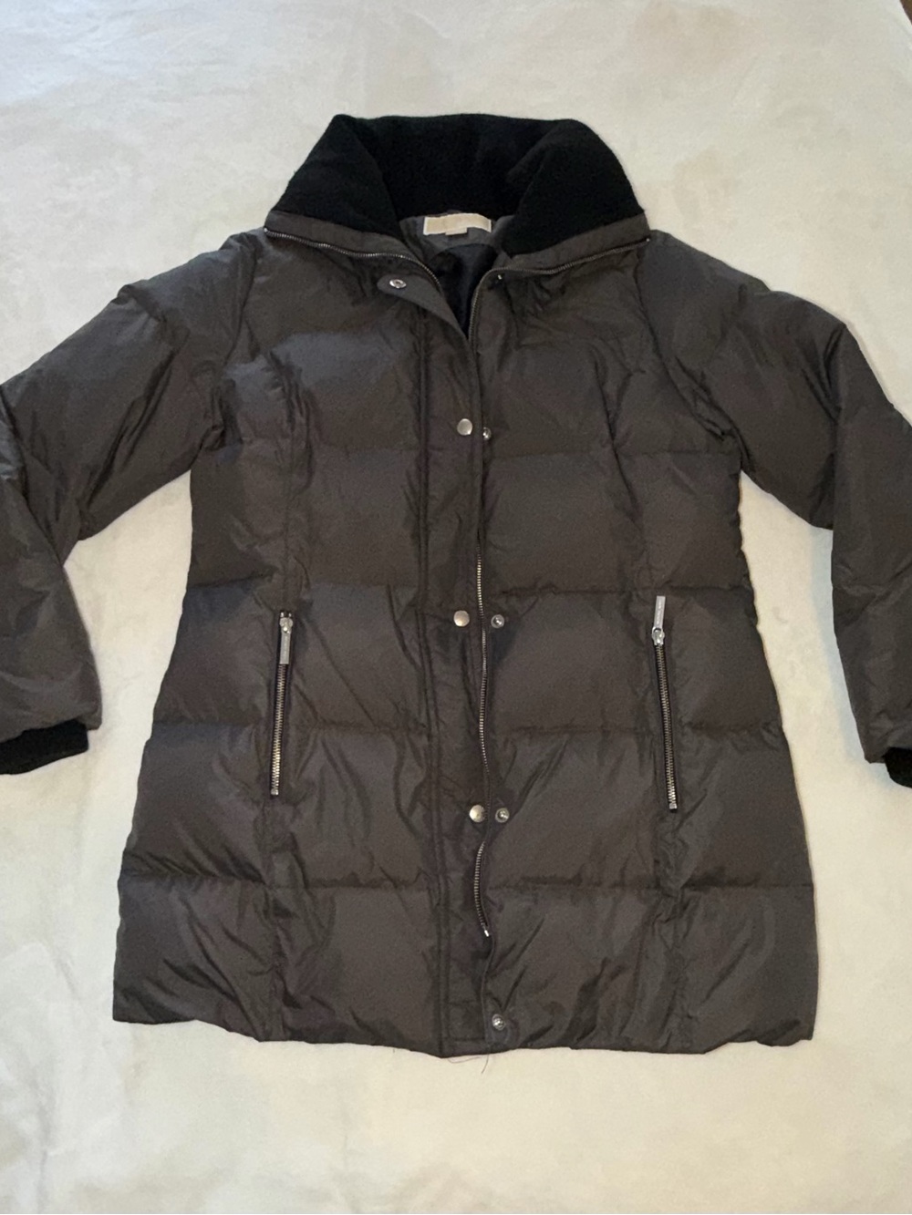 Michael Kors Long Down Quilted Puffer Coat Jacket Gray Brown Sz MD